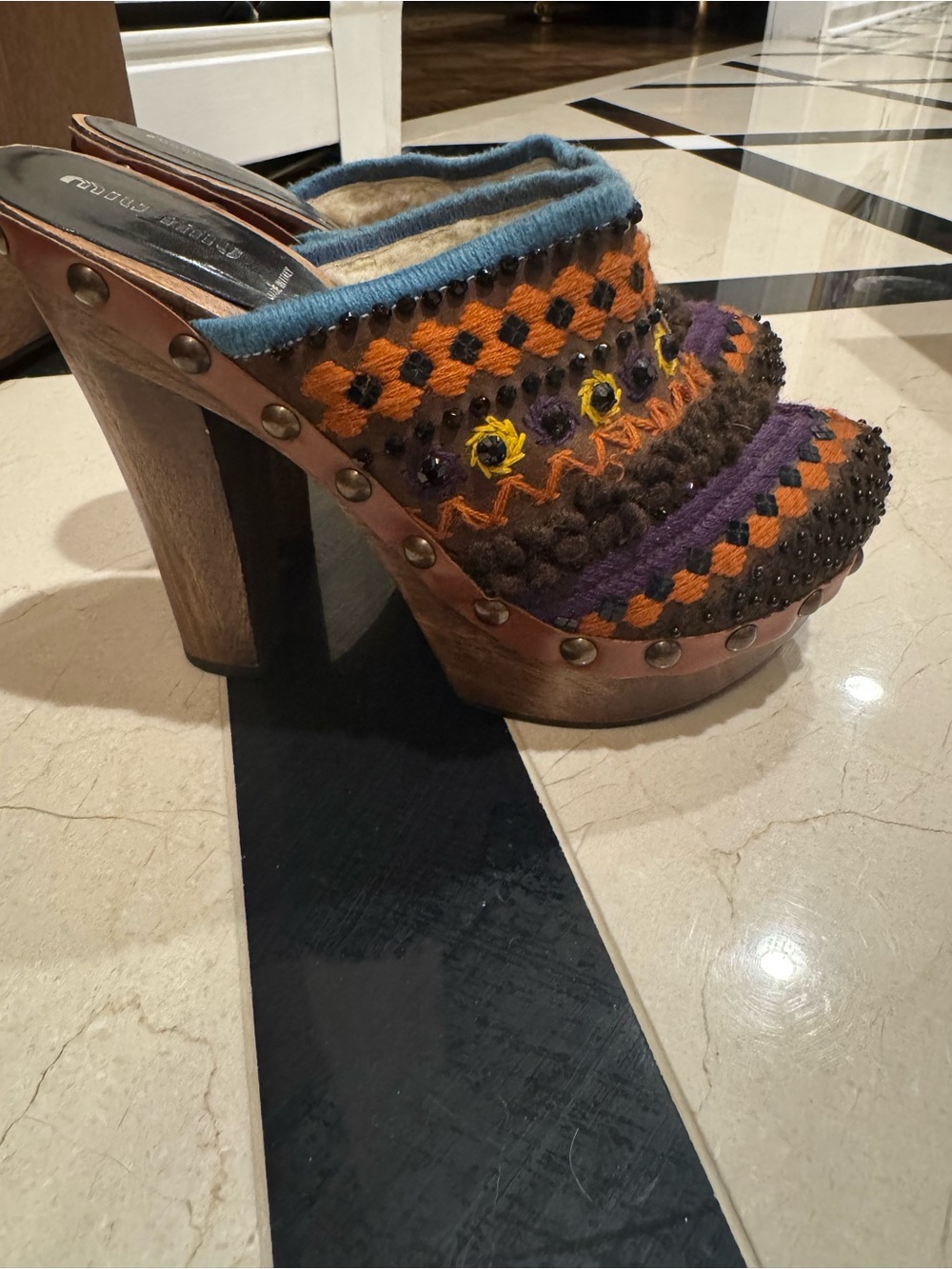 Miu Miu Boho Knit Multi-Color Wooden Platform Clog